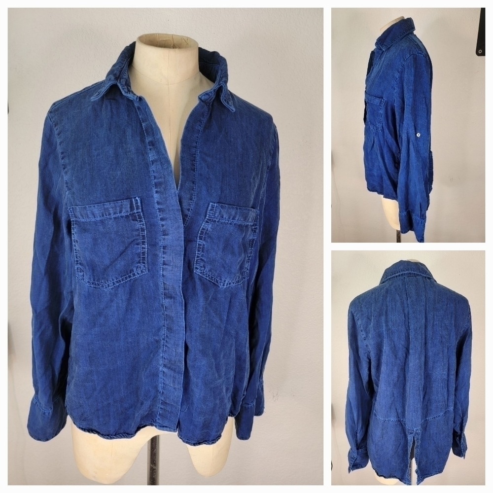 Bella Dahl Button Up Chambray Shirt S Blue Split Back Tab Sleeves